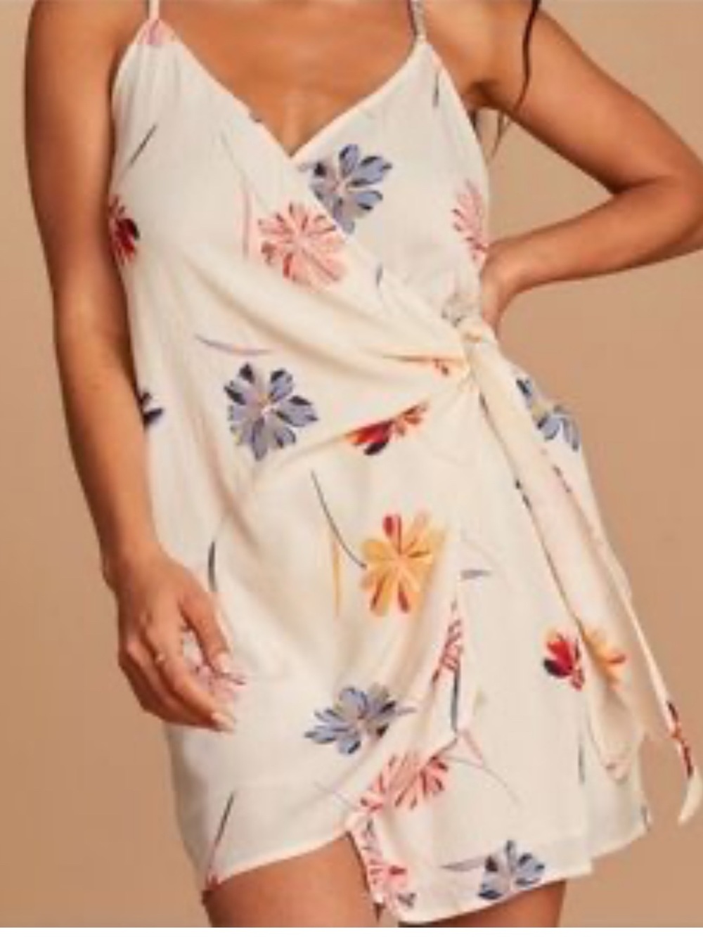 O'Neill Ivory Floral Wrap Mini Dress with Pink, Blue & Yellow Blooms